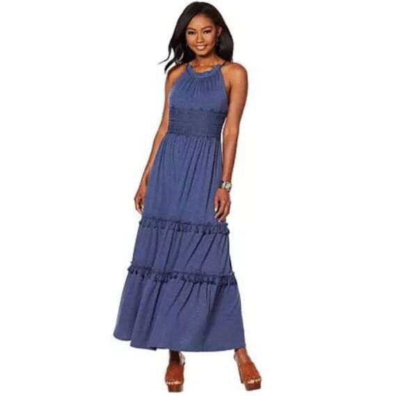 NWT Curations Maxi Dress Lace Trim Blue Indigo M - Picture 1 of 12